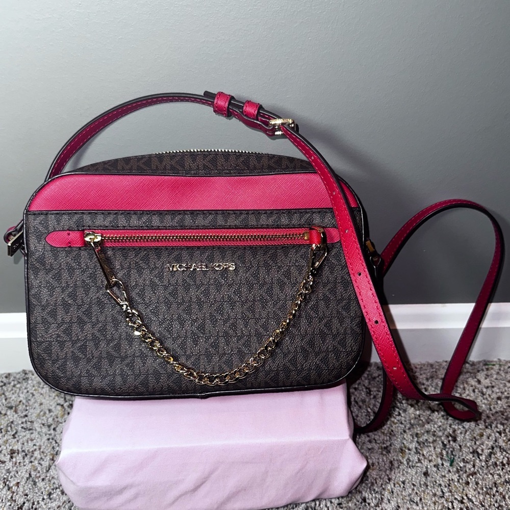Michael Kors Brown MK Logo Red Trim Crossbody Satchel Bag